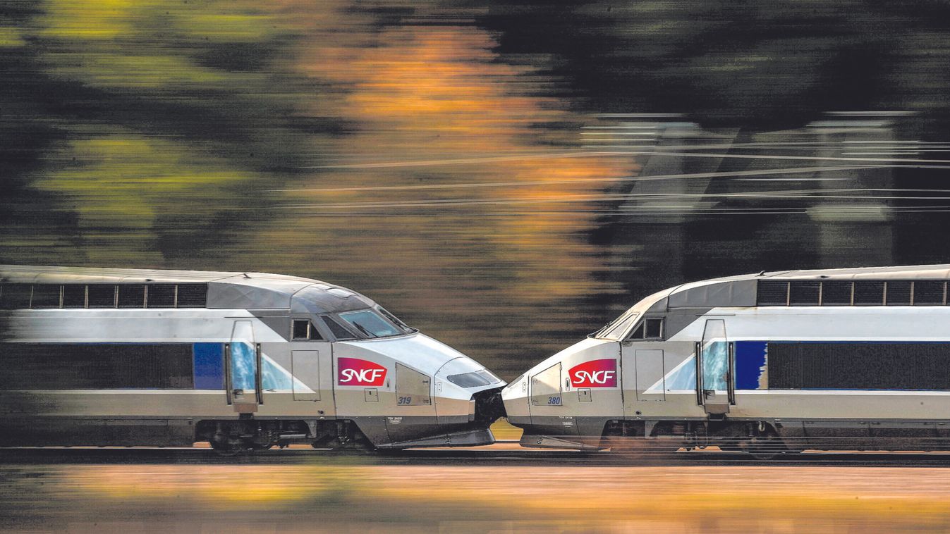 A TGV high-speed train operated by state-owned railway company SNCF speeds on the LGV Atlantique railtrack outside Orsonville