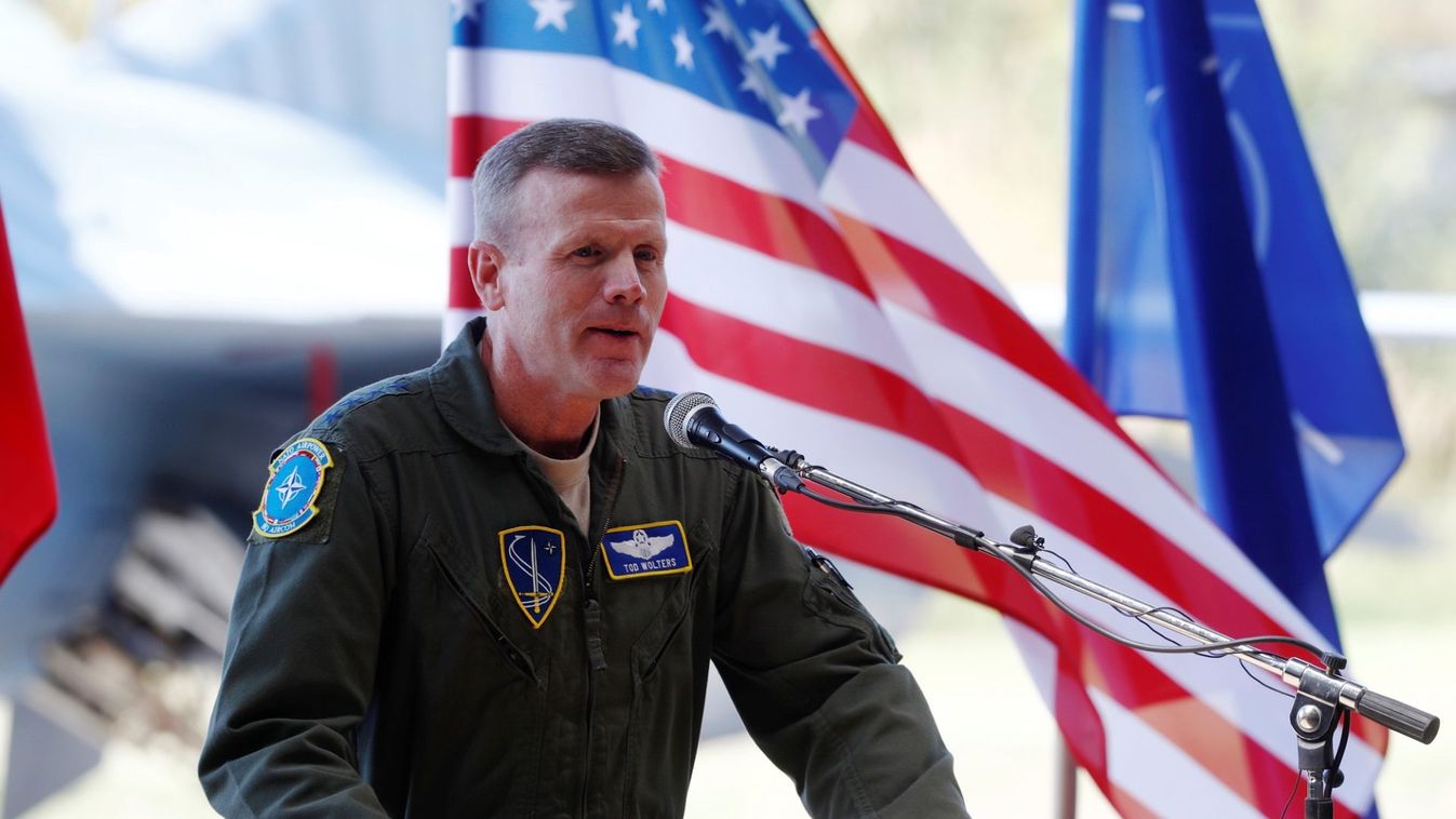 U.S. Air Forces in Europe Commander Wolters speaks during NATO Baltic air policing mission takeover ceremony in Siauliai