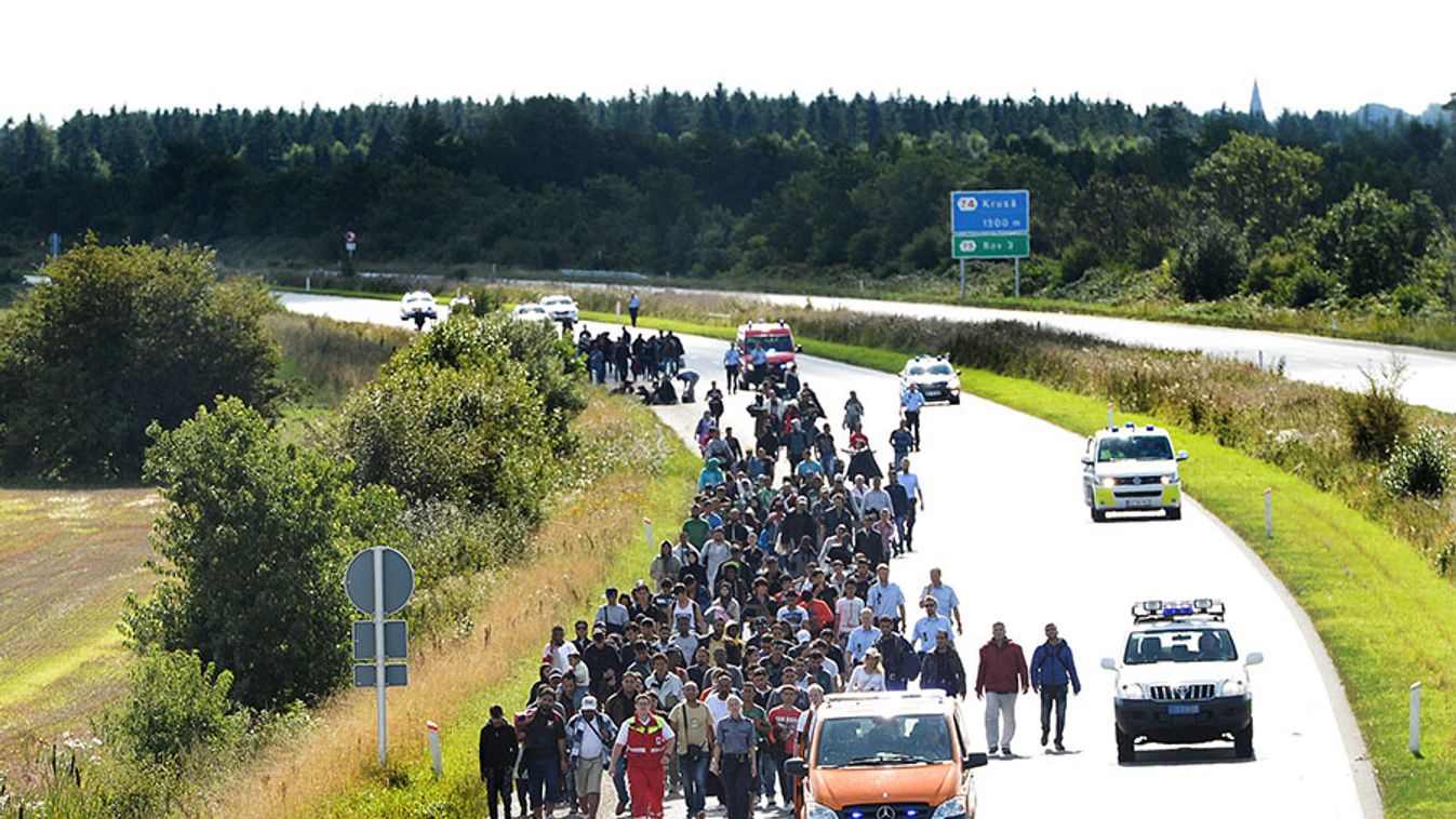 Migrants walk on the E45 freeway at Padborg, while trying to head to Sweden