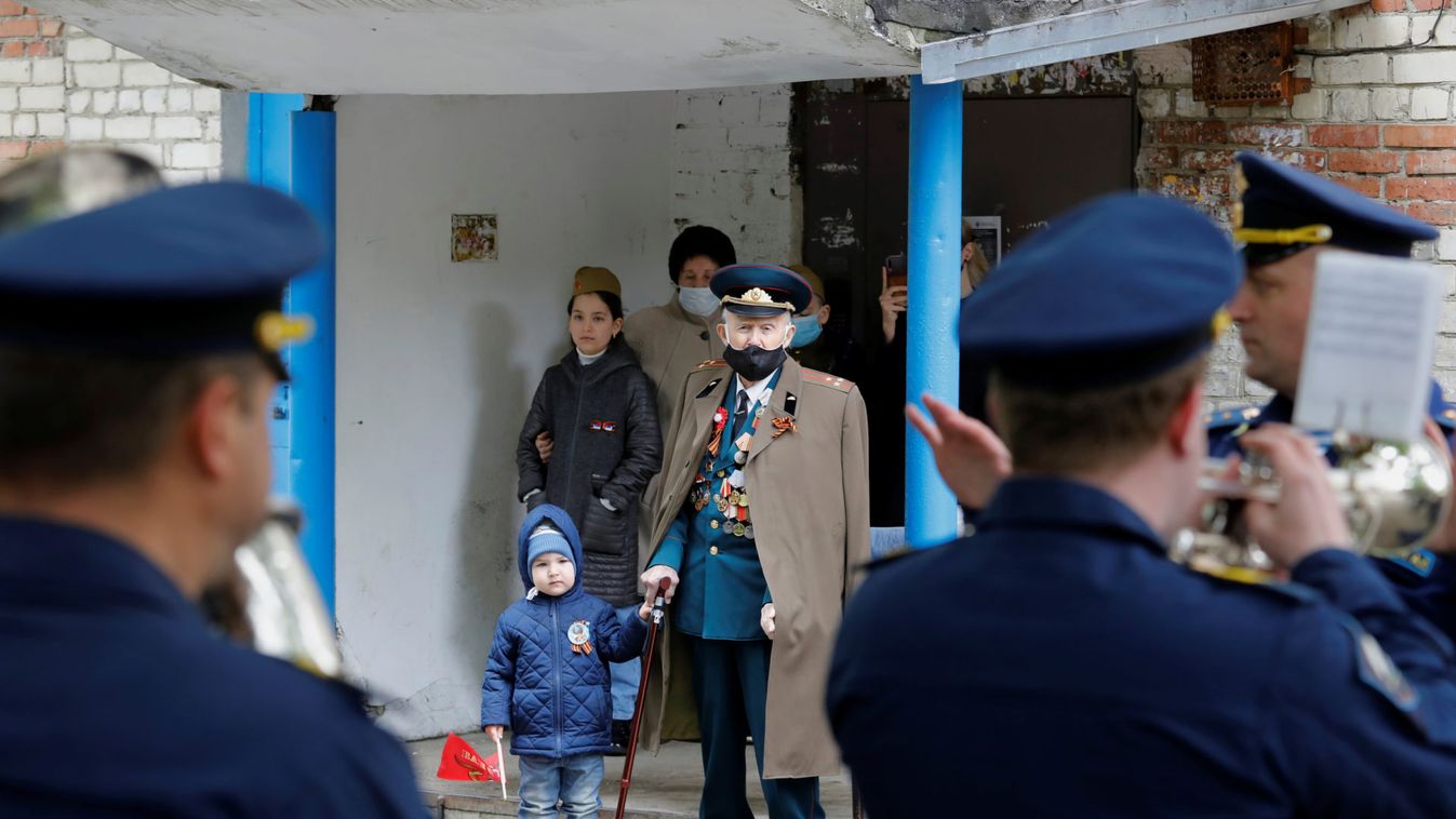 World War Two veteran Pavel Zakharchenko attends a military parade organized personally for him ahead of the Victory Day celebrations in Stavropol