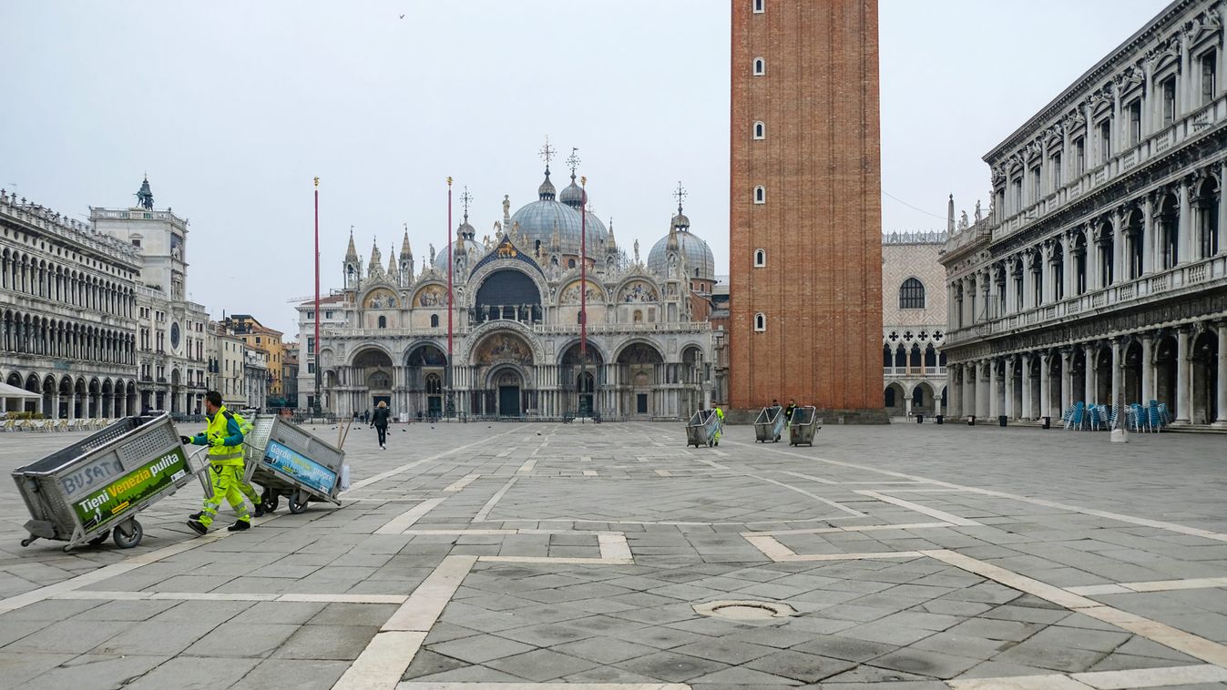 St. Mark's Square is virtually deserted after a decree orders for the whole of Italy to be on lockdown in an unprecedented clampdown aimed at beating the coronavirus in Venice