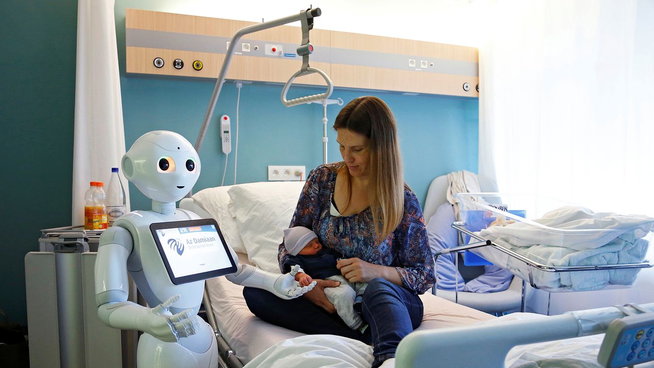 New recruit "Pepper" the robot holds the hand of a new born baby next to his mother at AZ Damiaan hospital in Ostend