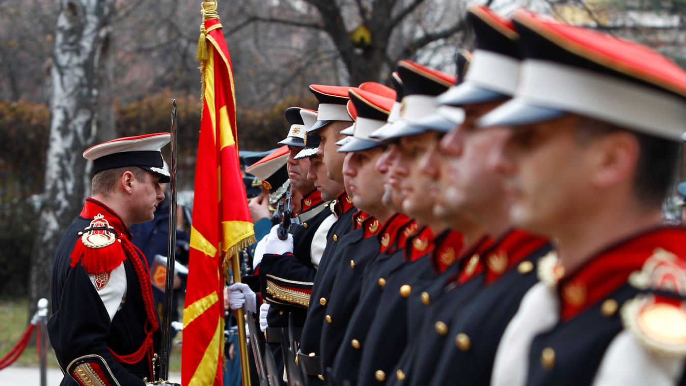 Members of Macedonian honour guard line up before the welcoming ceremony in Skopje