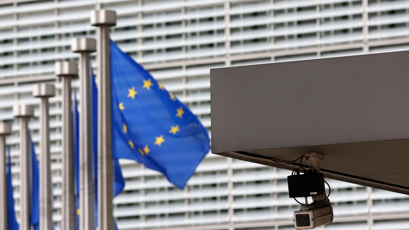 A security camera is seen at the main entrance of the European Union Commission headquarters in Brussels
