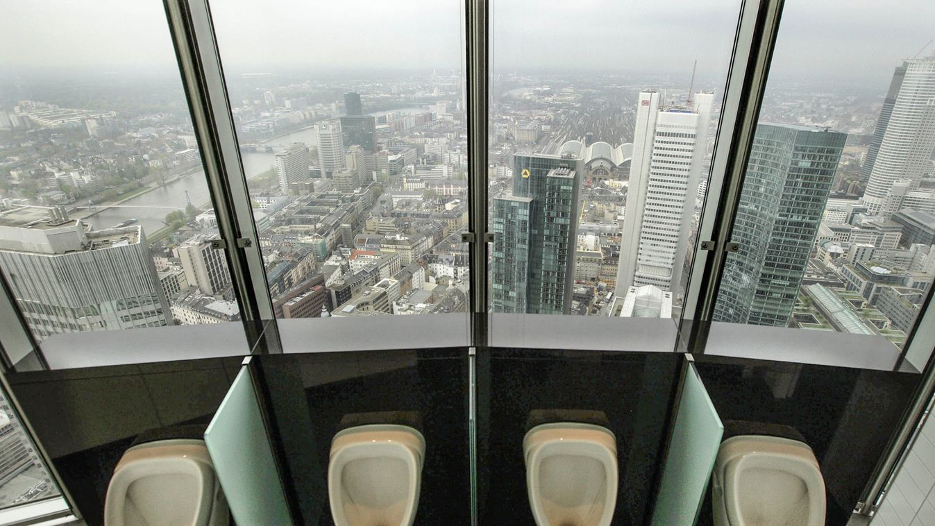 View over the city out of the restroom at the board floor of Germany's Commerzbank downtown Frankfurt