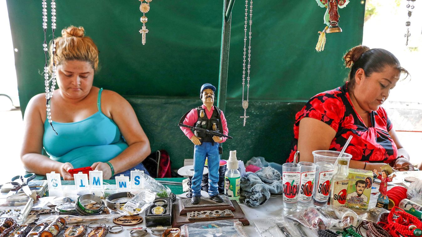 A statue depicting Mexican drug lord Joaquin "El Chapo" Guzman is pictured at a stall outside the "Saint Jesus Malverde" chapel in Culiacan