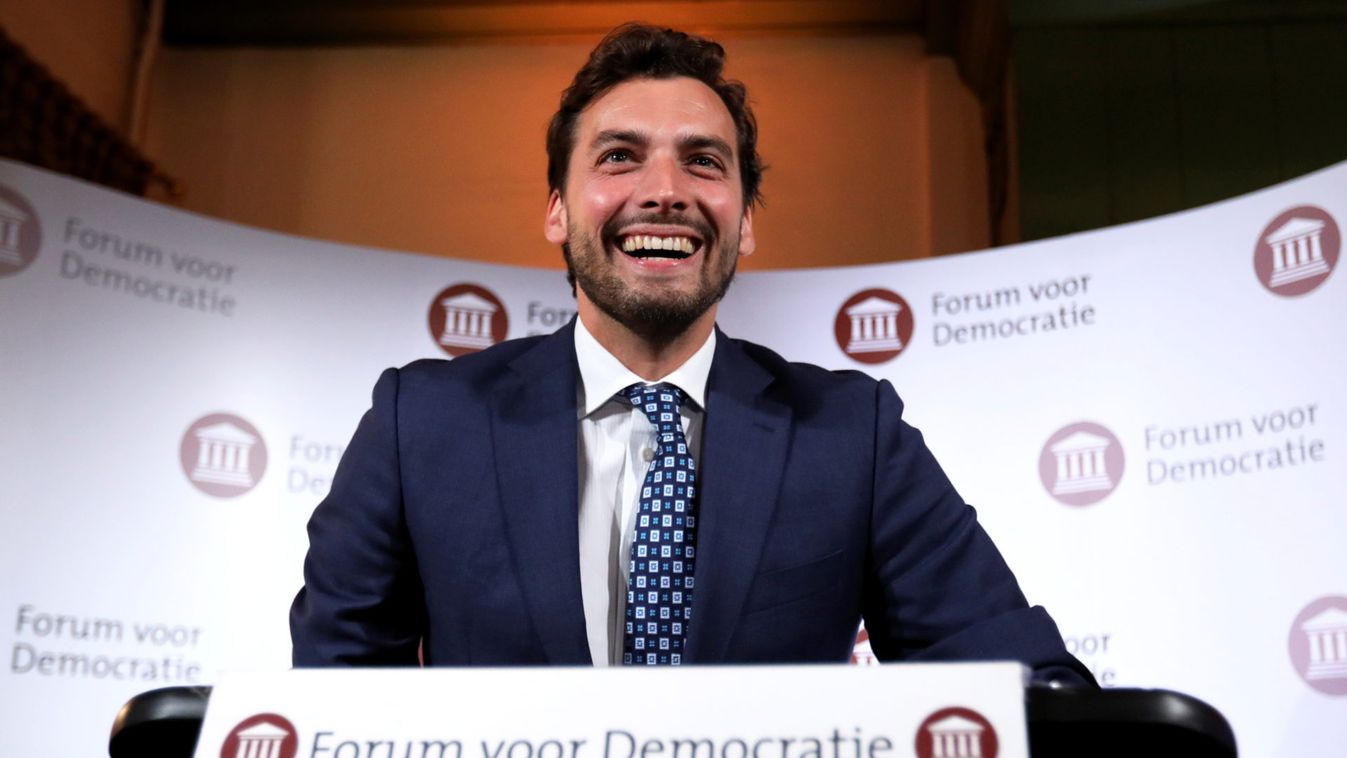 Dutch politician Thierry Baudet of the Forum for Democracy speaks after announcement of exit polls results of European elections in Amsterdam