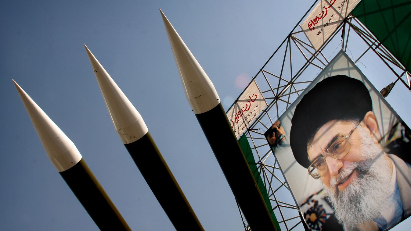 Sam 6 surface to air missiles are seen beside of portrait of Irans Supreme Leader Ayatollah Khamenei at war exhibition in Tehran