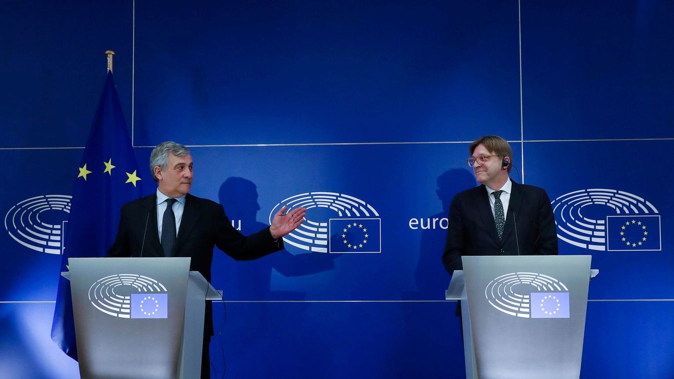 European Parliament President Antonio Tajani and European Union's chief Brexit negotiator Guy Verhofstadt hold a news conference following the official triggering of Article 50 of the Lisbon Treaty, the Brexit in Brussels