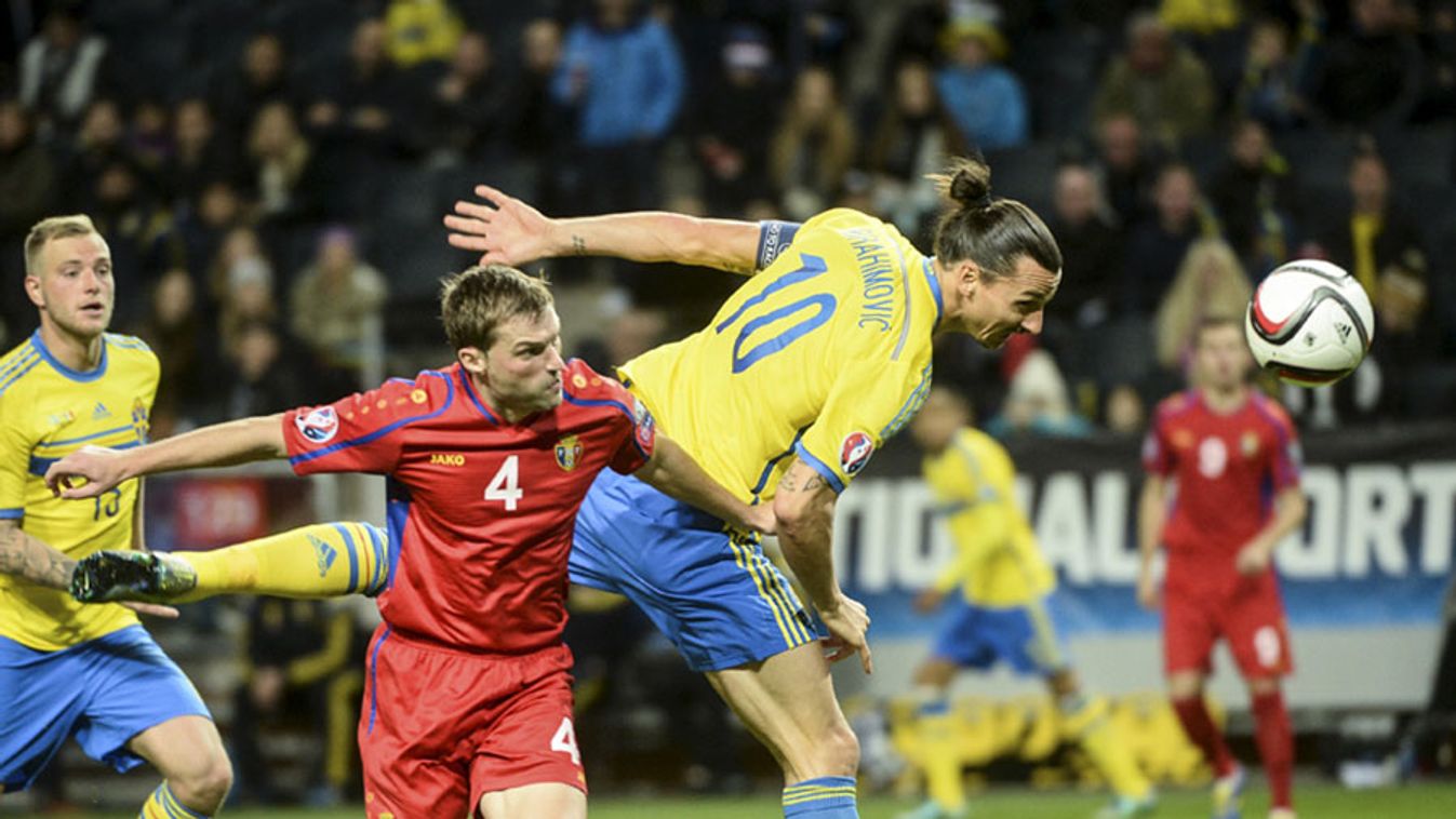 Sweden's Ibrahimovic heads the ball past Moldova's Erhan during their Euro 2016 group G qualifying soccer match at the Friends Arena in Stockholm