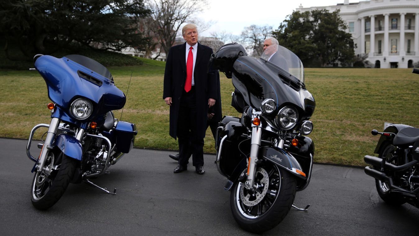 U.S. President Donald Trump and Vice President Mike Pence stands next to Harley Davidson motorcycles after meeting with Harley Davidson executives at the South Lawn of the White House in Washington U.S.