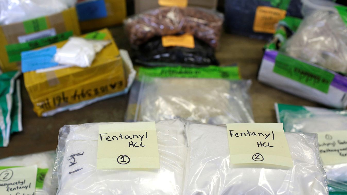 Plastic bags of Fentanyl are displayed on a table at the U.S. Customs and Border Protection area at the International Mail Facility at O'Hare International Airport in Chicago