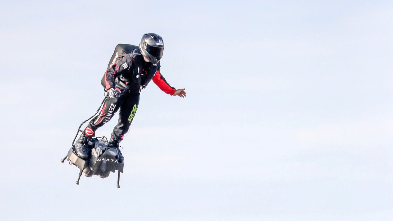 French inventor Franky Zapata takes off on a Flyboard for a second attempt to cross the English channel from Sangatte to Dover, in Sangatte