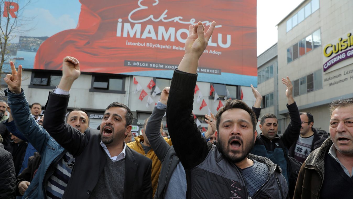 Supporters of Ekrem Imamoglu, main opposition CHP candidate for mayor of Istanbul, shout slogans in Istanbul