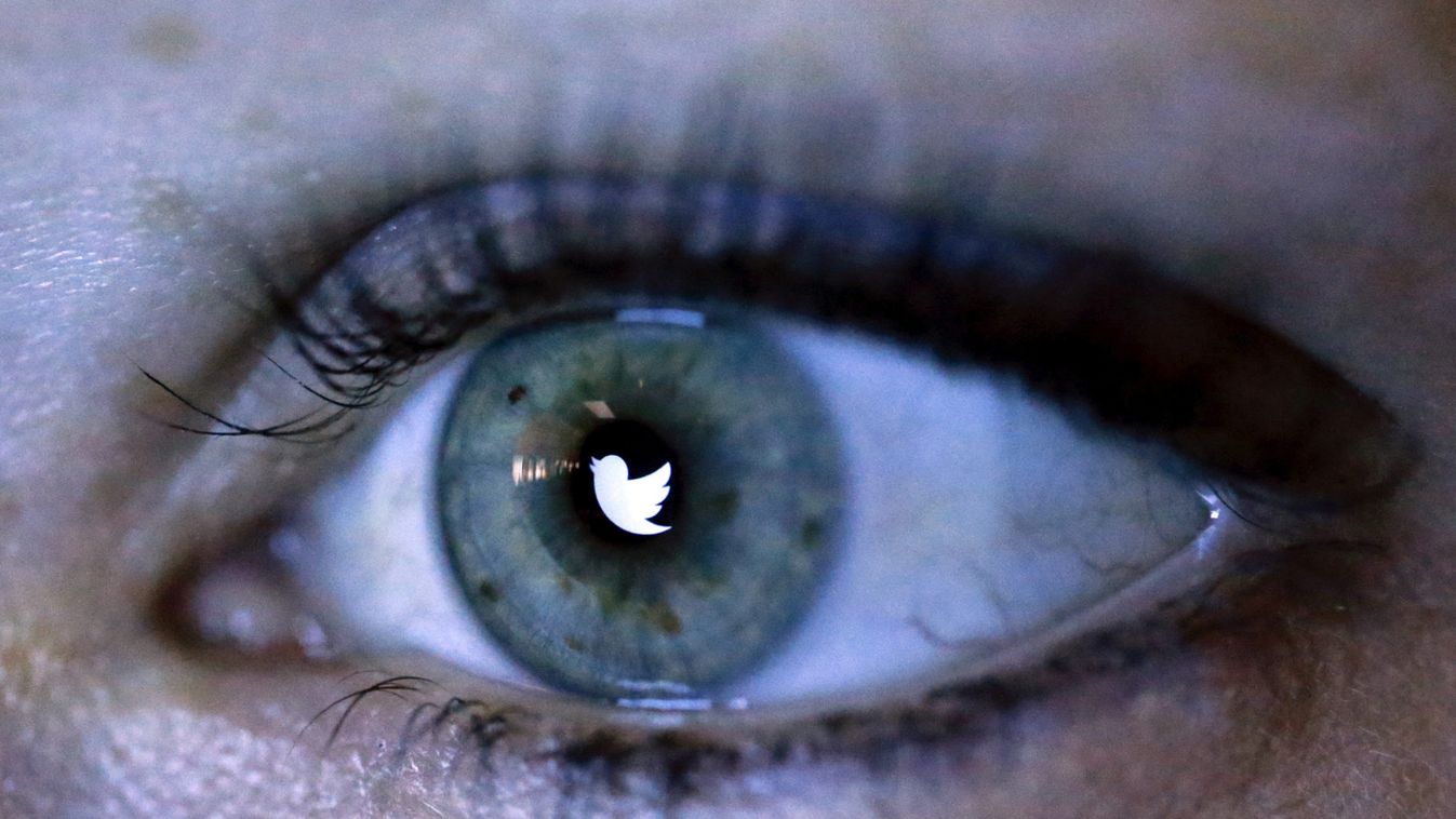 An illustration picture shows the Twitter logo reflected in the eye of a woman in Berlin