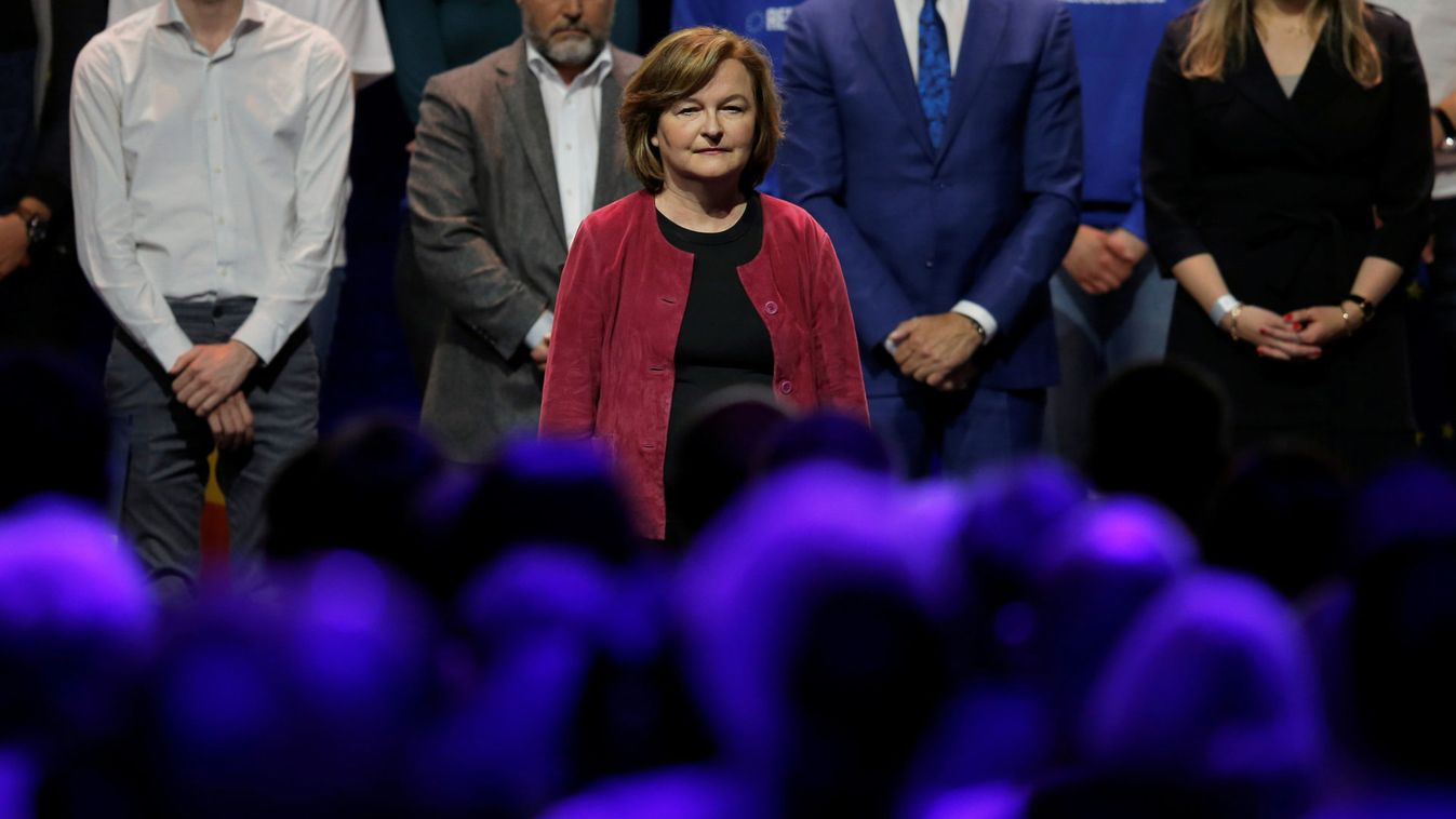 Nathalie Loiseau, head of the Renaissance (Renewal) list for the European elections, arrives to deliver a speech during a political rally in Strasbourg