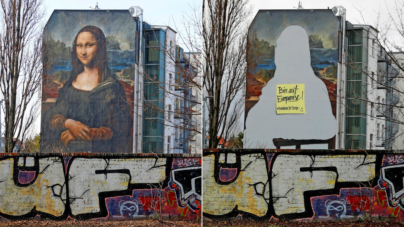 A combination picture shows a mural by Berlin-based street art gang "Die Dixons" (The Dixons) which features a giant reproduction of Leonardo da Vinci's artwork Mona Lisa and a post-it painted on the blank figure site