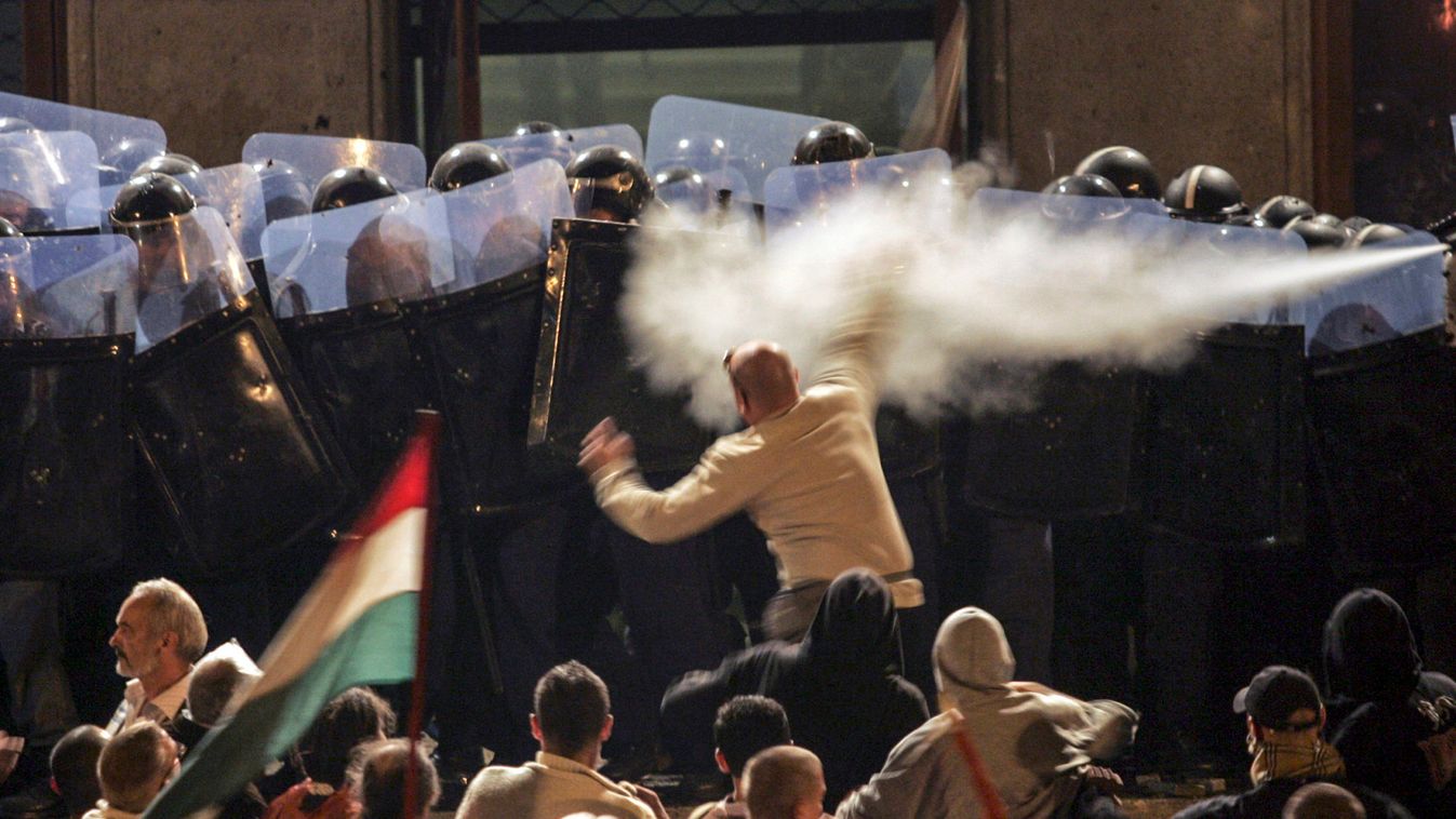 File photo of Hungarian riot police using tear gas against anti-government protesters in Budapest