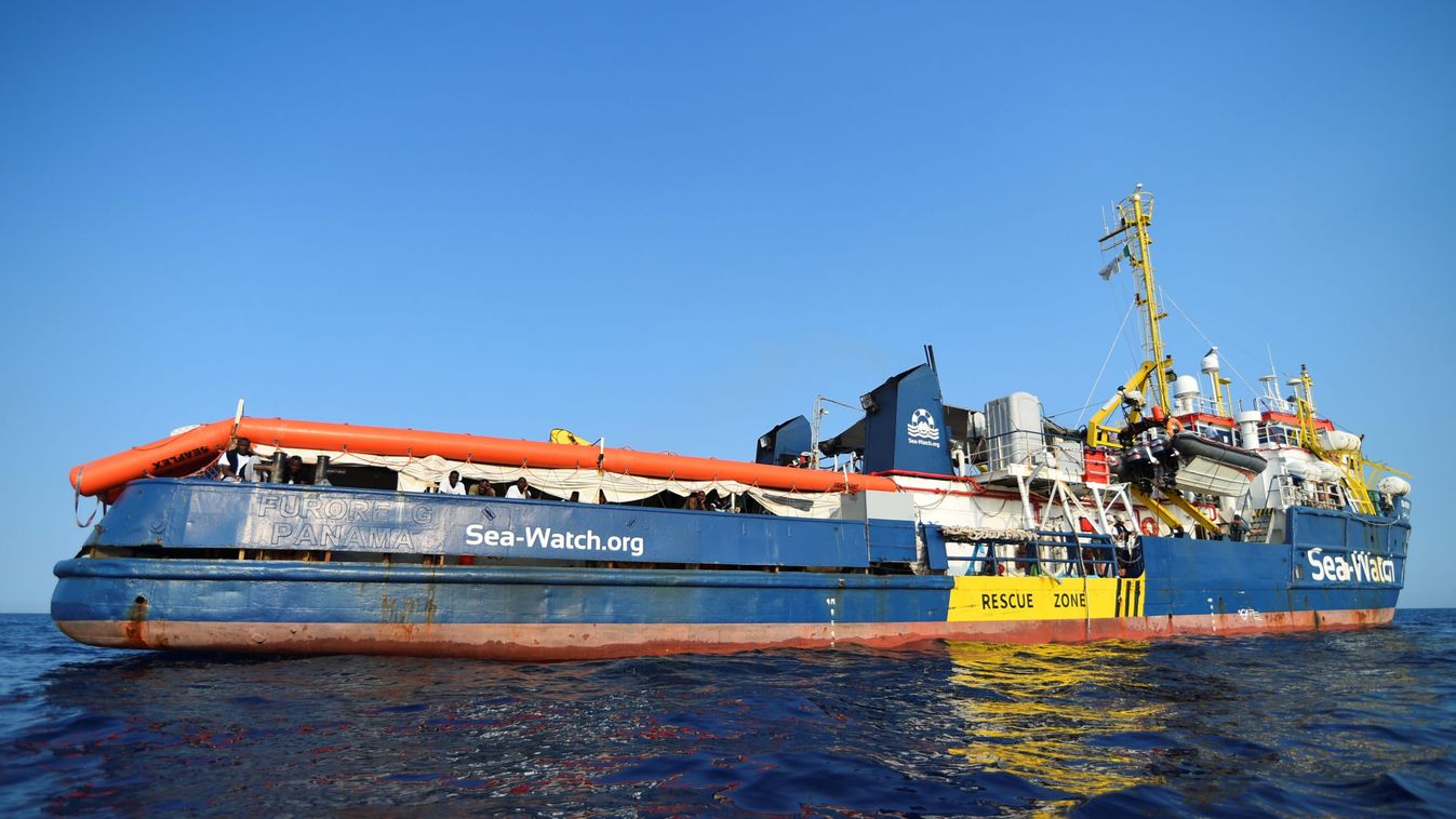 Sea-Watch 3 rescue ship is pictured as it remains blocked one mile outside the port of Lampedusa