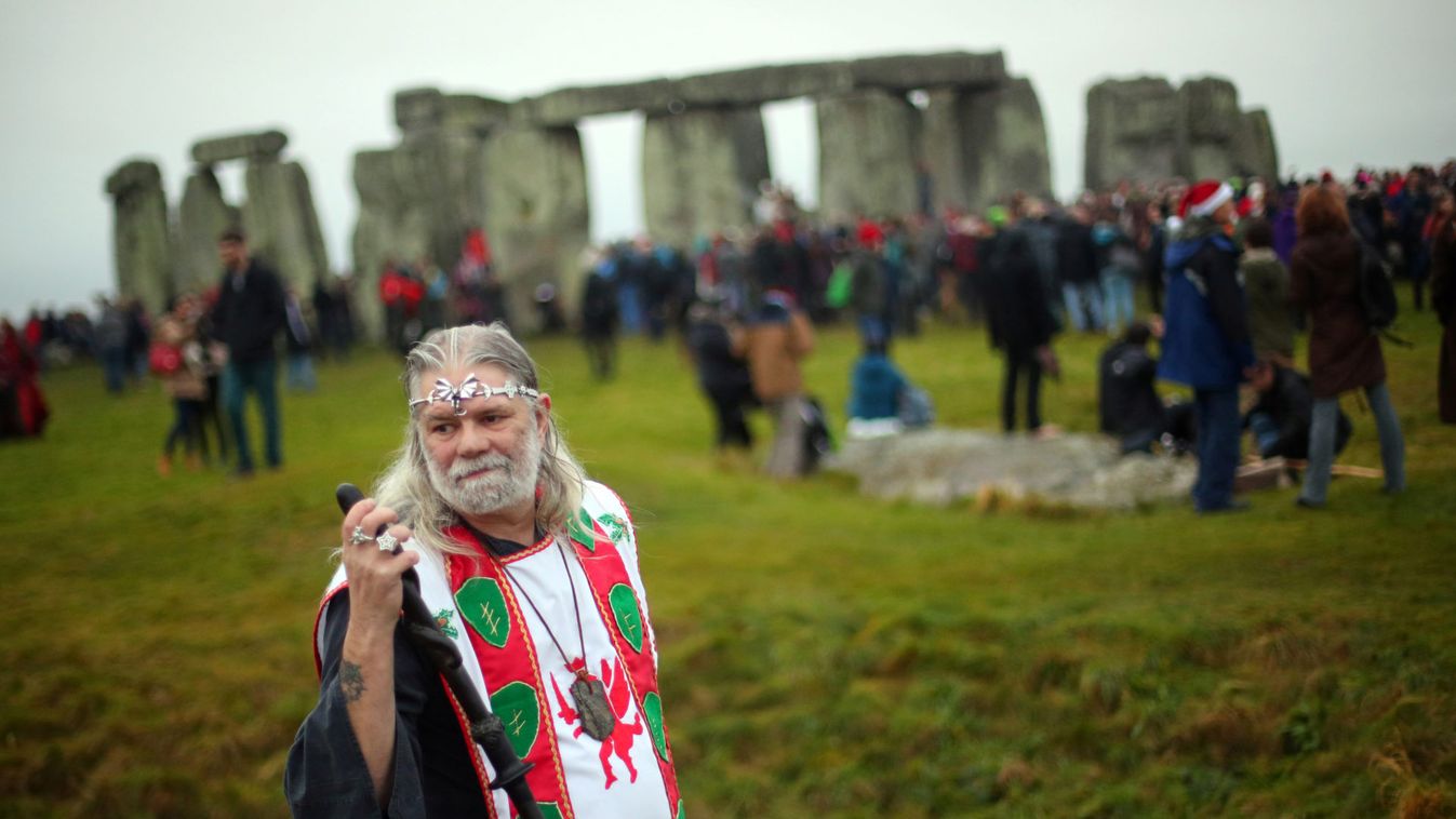 Druid, Arthur Pendragon, celebrates during the winter solstice at Stonehenge on Salisbury Plain in southern England