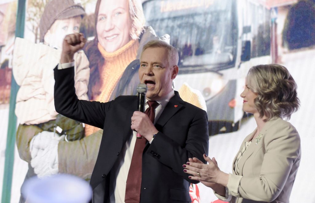 Chairman of the Finnish Social Democratic Party Antti Rinne and his wife Heta Ravolainen-Rinne attend the election party in Helsinki