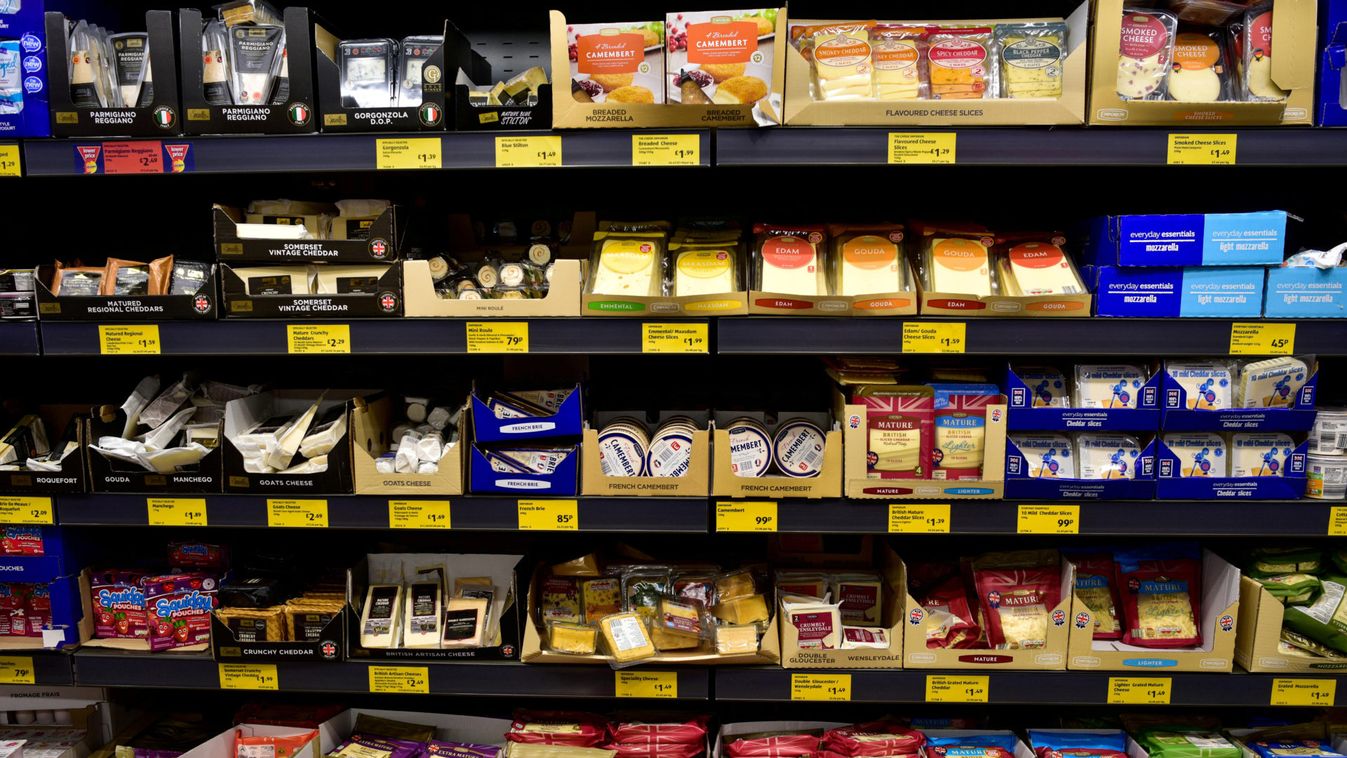 A range of various cheeses on sale in an Aldi store in London