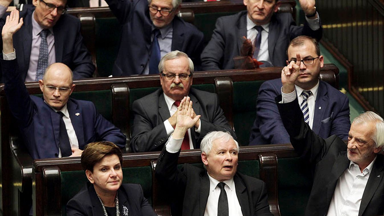 Polish Prime Minister Szydlo, Kaczynski, leader of ruling Law and Justice party, and Terlecki attend the session of Polish parliament during a debate on a new law regarding the Polish Constitutional Tribunal, in Warsaw