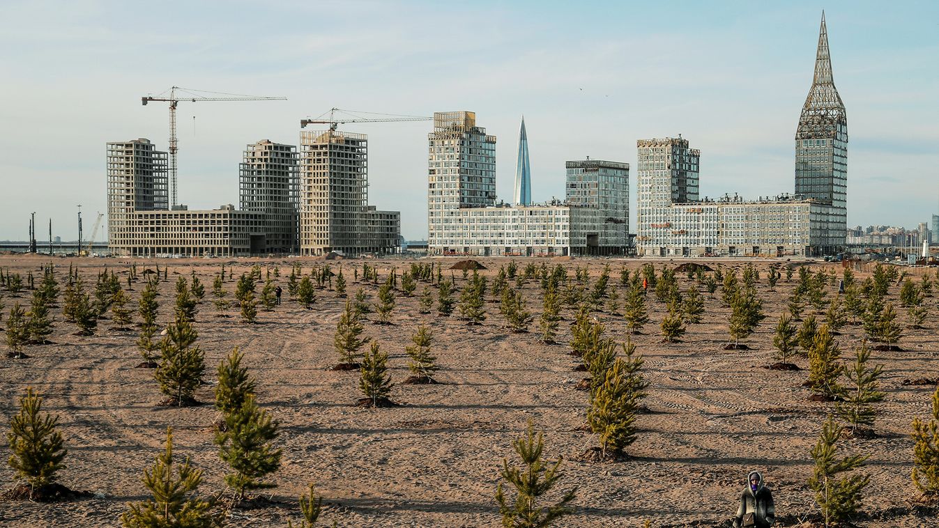 A person walks amidst trees near the construction site of new apartment blocks in Saint Petersburg
