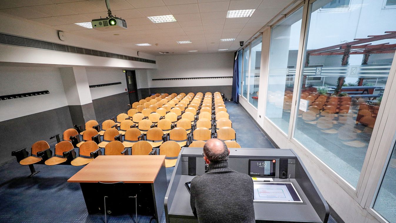 University Chemistry professor Luca De Gioia records his lesson in an empty class room to stream it online for his students at the Bicocca University in Milan