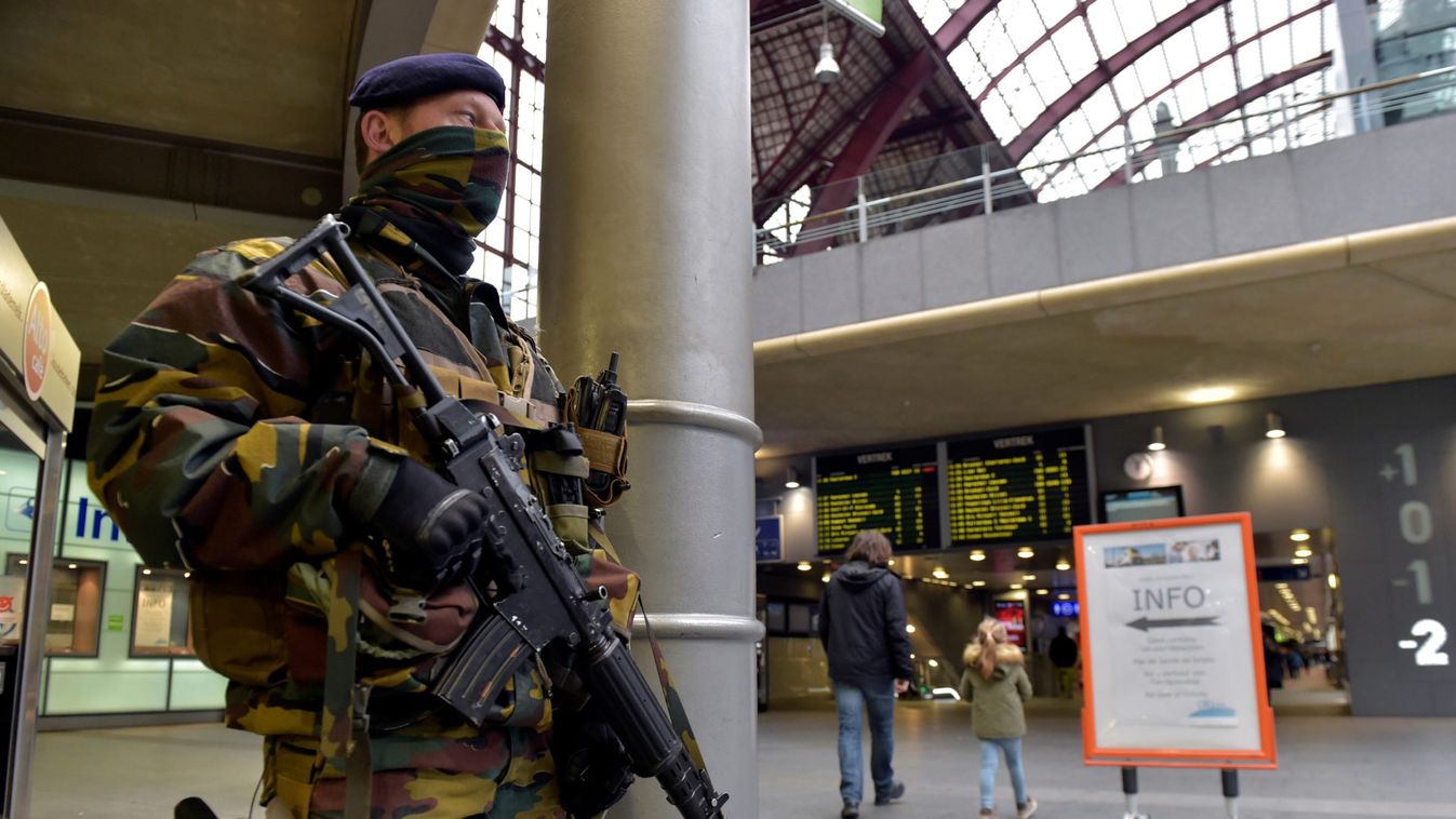 A Belgian soldier patrols in the central station, in Antwerp