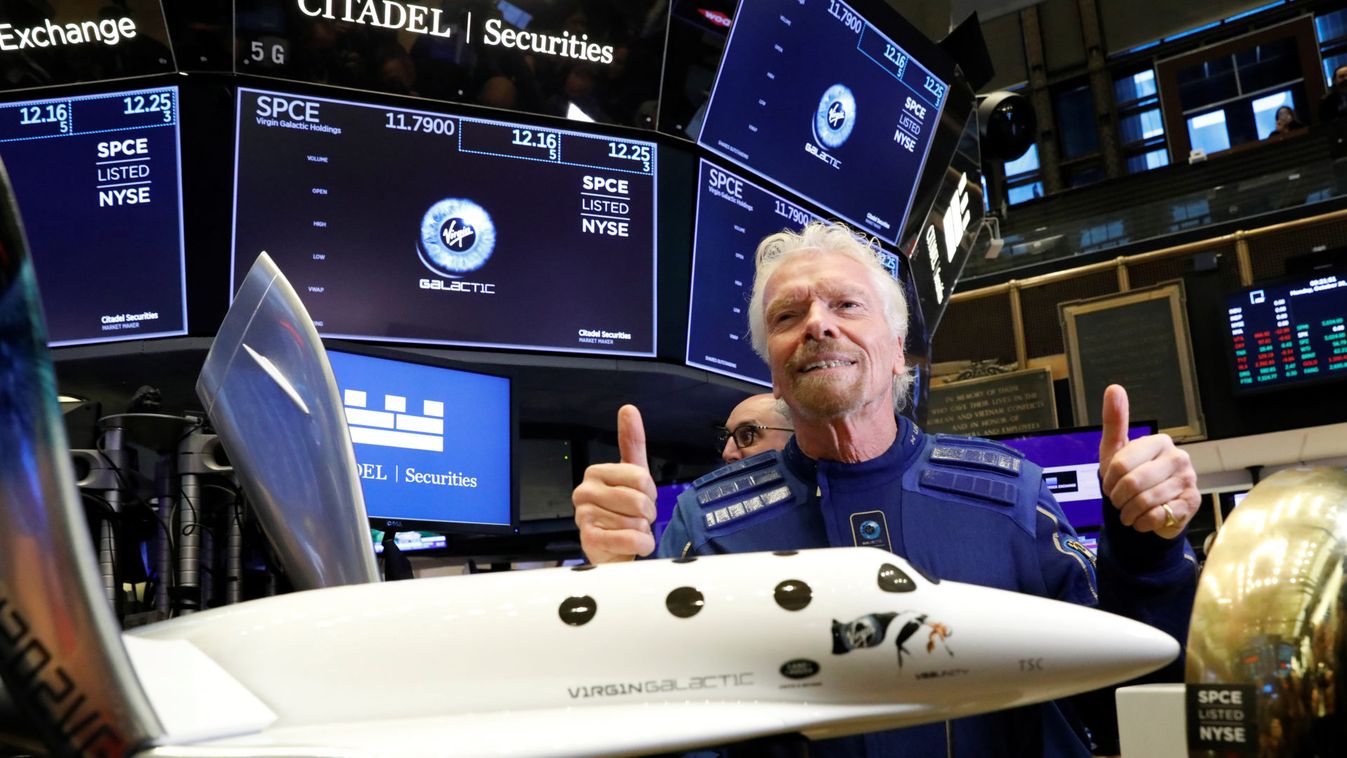 Sir Richard Branson poses on floor of New York Stock Exchange (NYSE) ahead of Virgin Galactic (SPCE) trading in New York