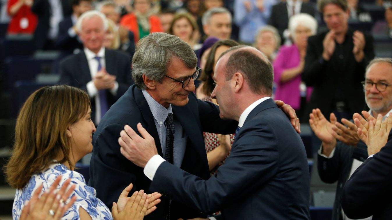 EU Parliament's political group EPP president Weber congratulates newly-elected president of the European Parliament David-Maria Sassoli in Strasbourg