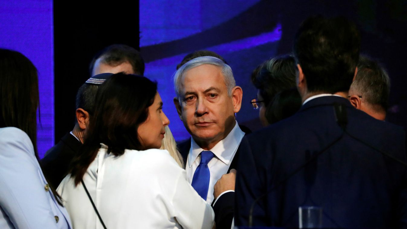 Israeli Prime Minister Benjamin Netanyahu looks on after speaking to supporters at his Likud party headquarters following the announcement of exit polls during Israel's parliamentary election in Tel Aviv, Israel