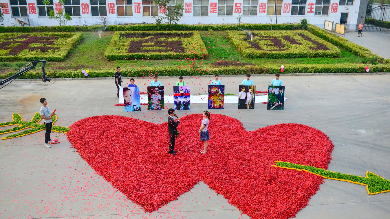 Dou, an employee of a chilli processing factory, proposes to his girlfriend as they stand on hearts made of 99,999 chillies, in Handan