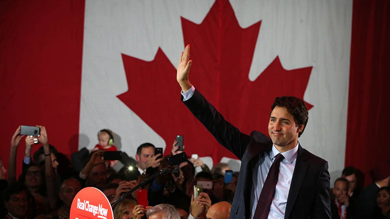 Liberal Party leader Justin Trudeau waves as he arrives to give his victory speech after Canada's federal election in Montreal