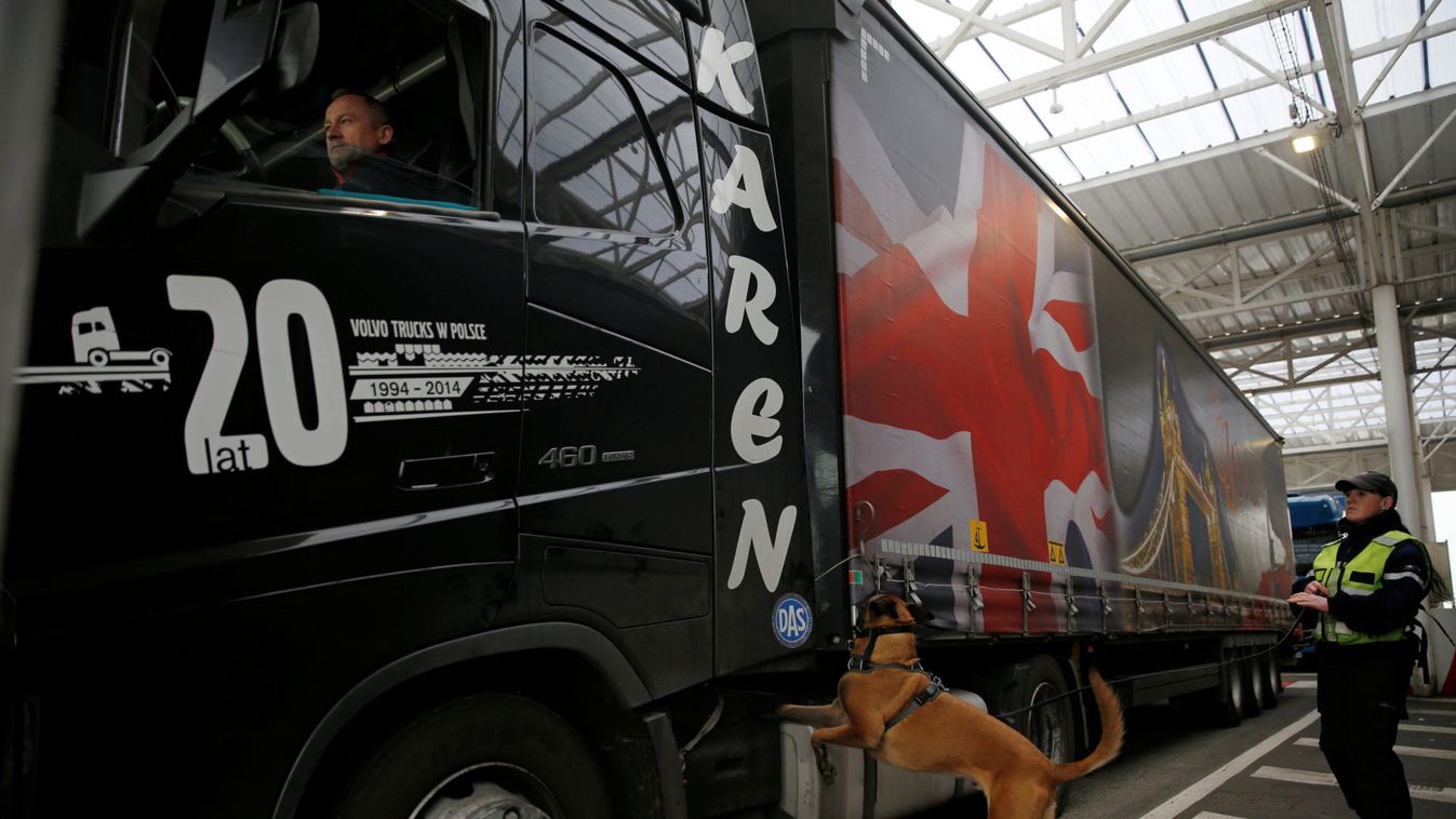 A trucker waits as a security guard and his dog check his truck during a "no deal" Brexit check simulation at the pit zone in Eurotunnel terminal in Coquelles