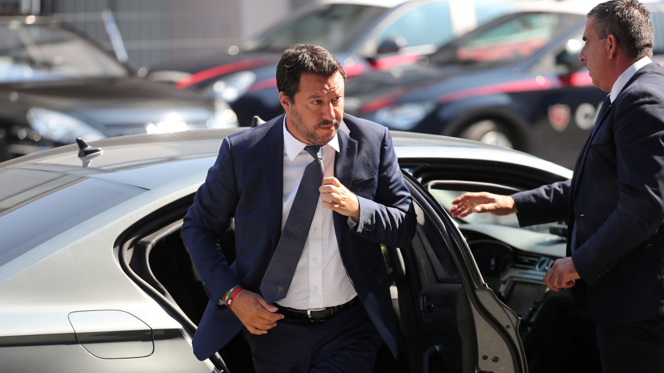 Italian Interior Minister Matteo Salvini arrives before the state funeral of the victims of the Morandi Bridge collapse, at the Genoa Trade Fair and Exhibition Centre in Genoa