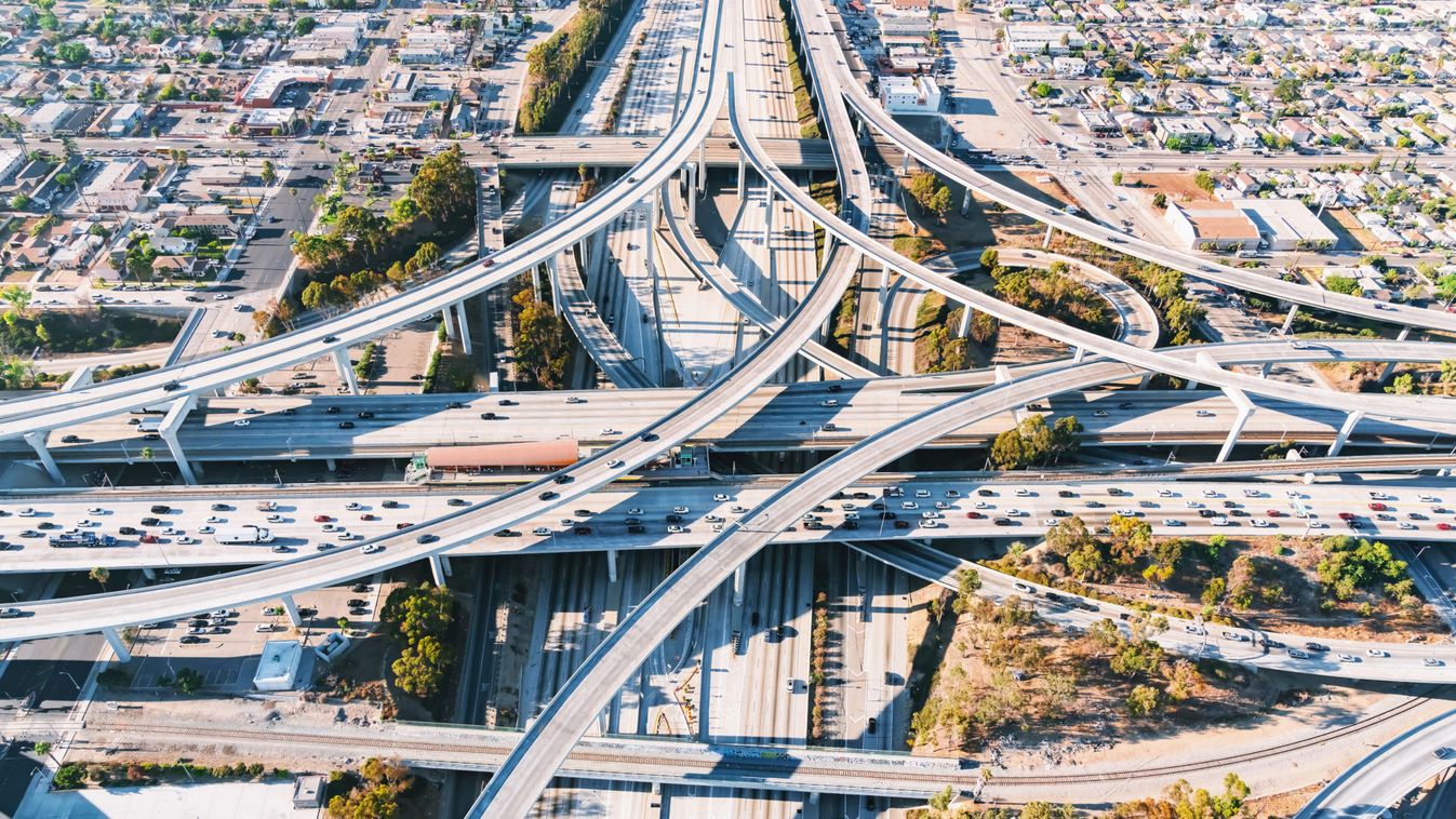 Aerial view of a freeway intersection in Los Angeles