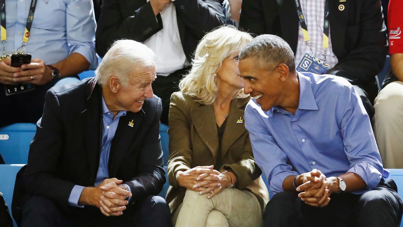 Former U.S. President Obama, former U.S. Vice President Biden and Jill Biden converse as they watch a wheelchair basketball event with at the Invictus Games in Toronto