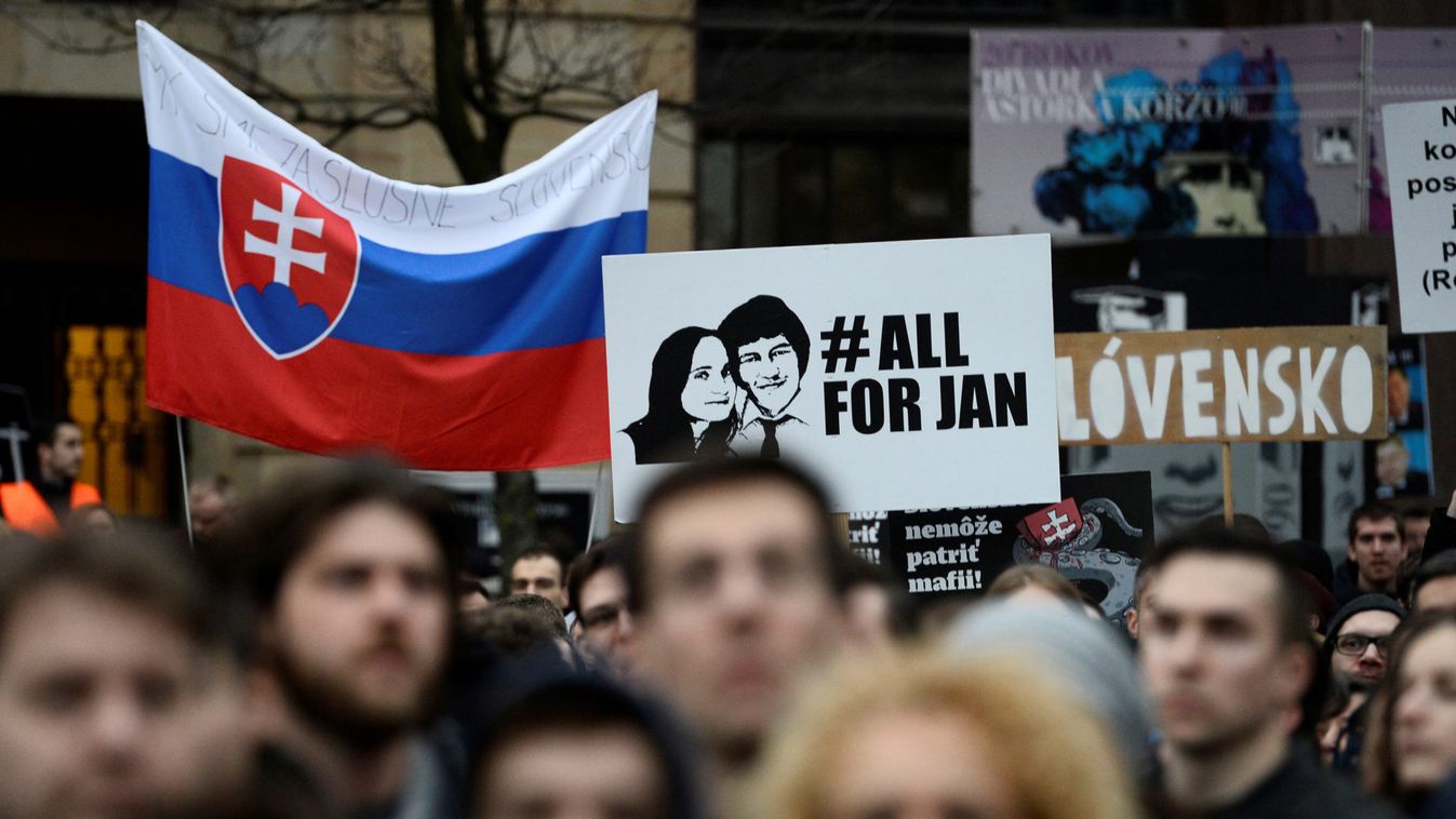 Demonstrators attend a protest called "Let's stand for decency in Slovakia" in Bratislava