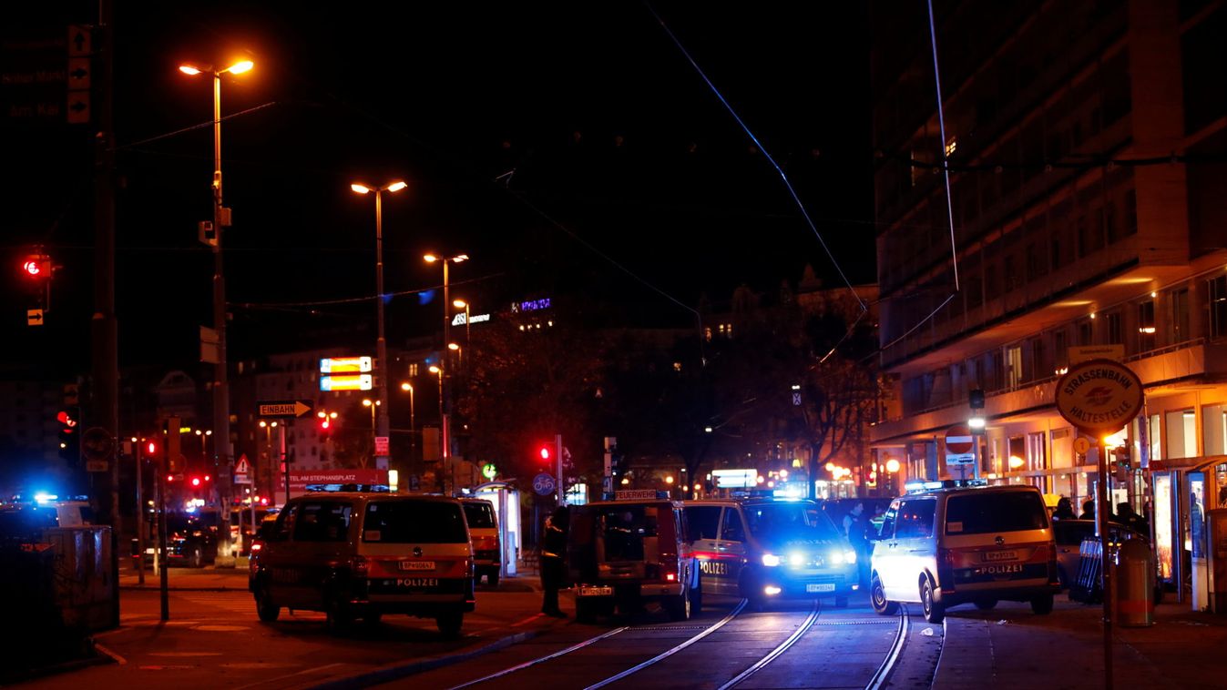 Police blocks a street near Schwedenplatz square after a shooting in Vienna