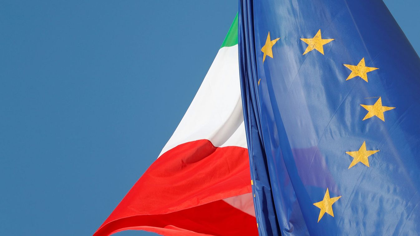 European Union and Italian flags are seen in downtown Rome