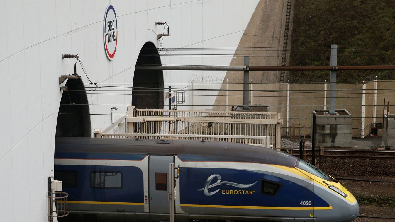 An Eurostar high speed train enters the Channel Tunnel in Coquelles, near Calais