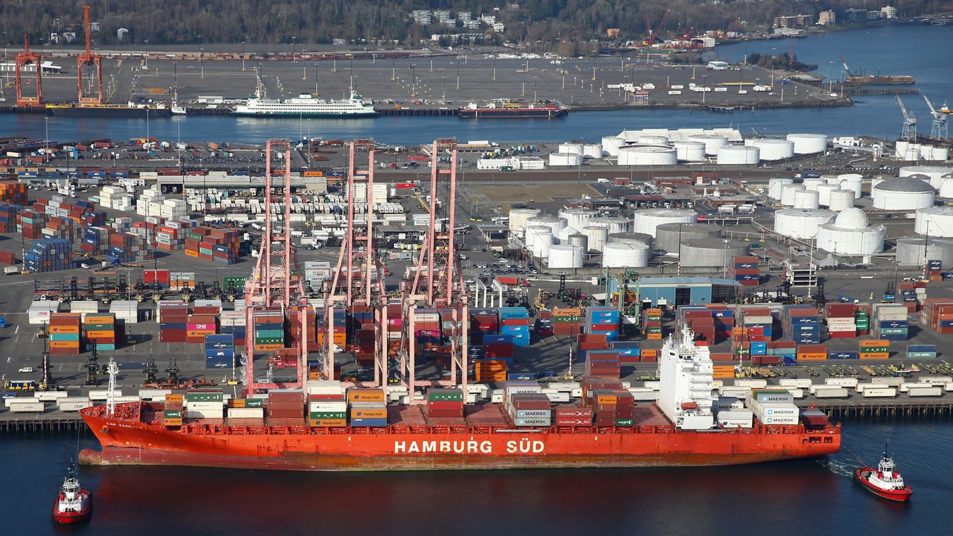 An aerial photo shows the Seoul Express container ship, registered in Germany, docked at Harbor Island at the Port of Seattle in Seattle