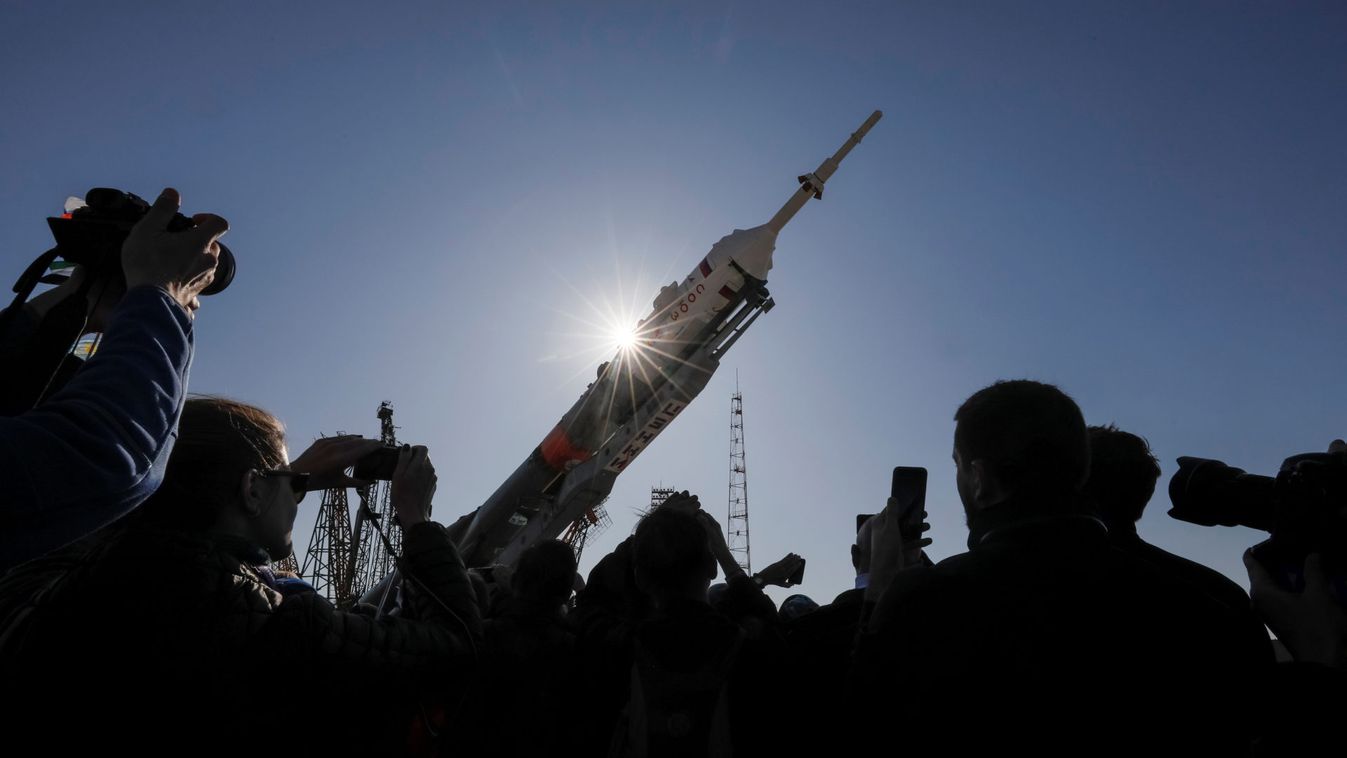 The Soyuz MS-15 spacecraft for the new International Space Station (ISS) crew is lifted on the launchpad ahead of its upcoming launch, at the Baikonur Cosmodrome