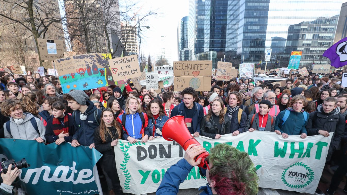 16 year-old Swedish climate activist Greta Thunberg and Belgian students gather for a climate demonstration in Brussels