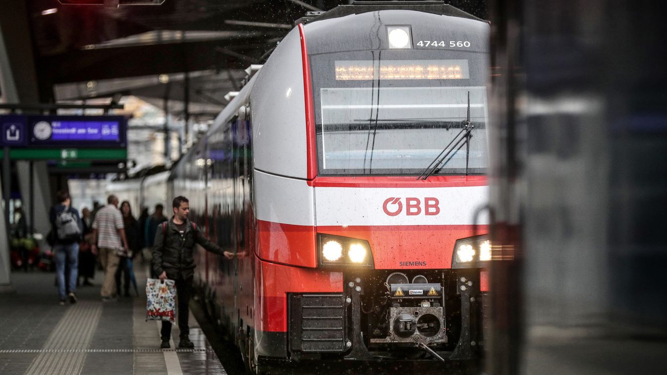 The logo of Austrian Federal Railways OeBB is seen on a train at the main station in Vienna