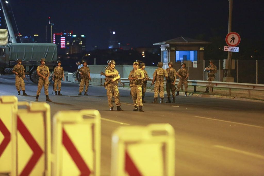 Turkish military block access to the Bosphorus bridge, which links the city's European and Asian sides, in Istanbul