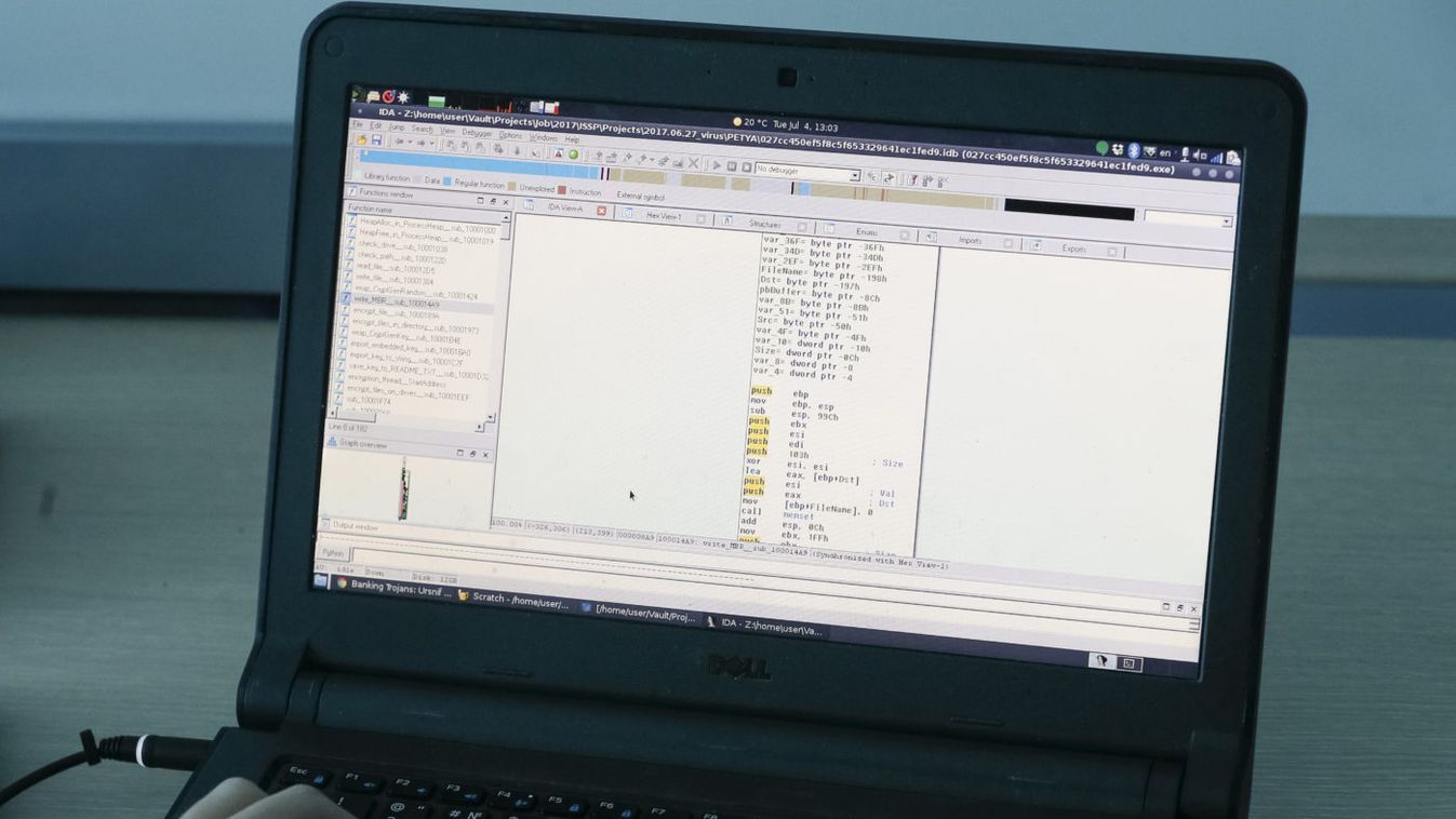 A view shows a laptop display showing part of a code, which is the component of Petya malware computer virus, in Kiev