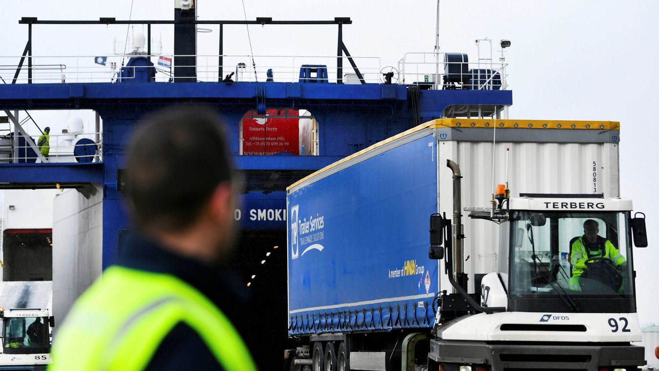 A truck is seen as Dutch Minister of Foreign Affairs Stef Blok and Minister of Foreign Trade and Development Cooperation Sigrid Kaag visit a ferry terminal to review that cargo can be transported quickly via Dutch ports after the Brexit